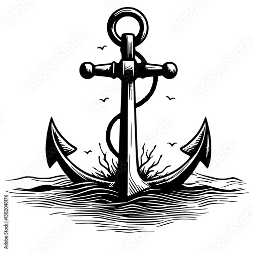 Silhouette of an anchor stuck in the seabed