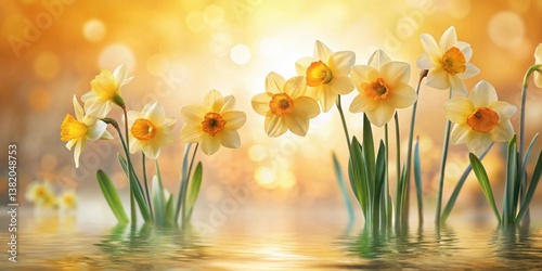 Golden Hour Daffodils Reflecting in Calm Water, a Serene Springtime Scene Featuring Vibrant Yellow Blooms