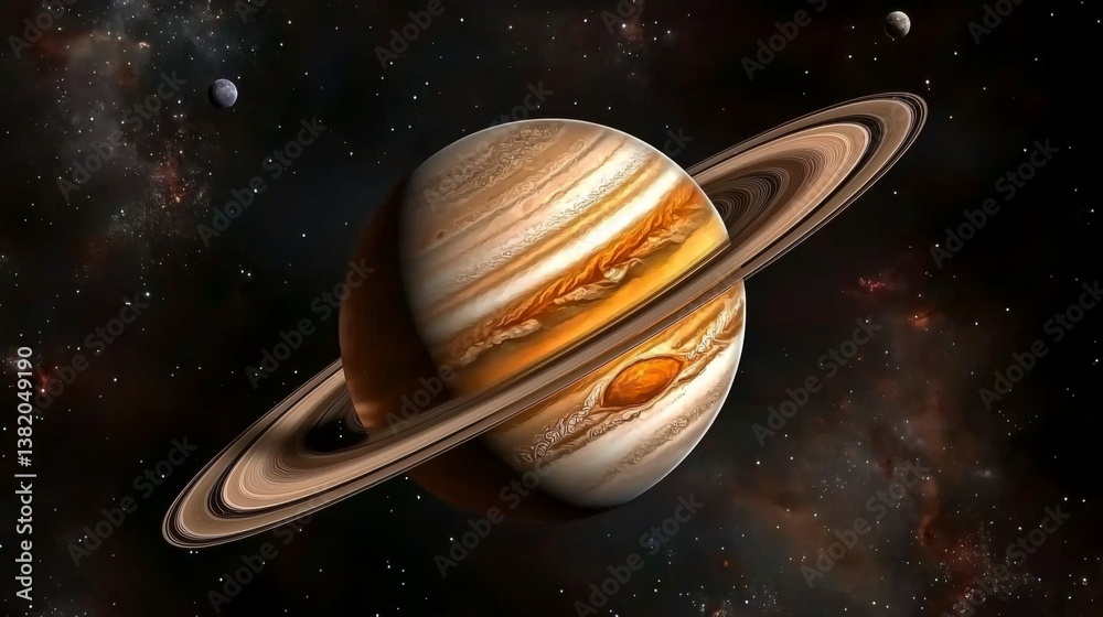 Stunning view of Saturn with its iconic rings and moons in the background Stunning view of Saturn with its iconic rings and moons in the background