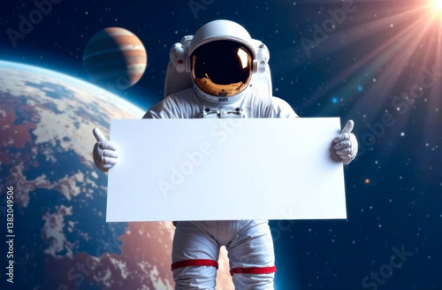 astronaut with blank banner in space, white banner mockup in space