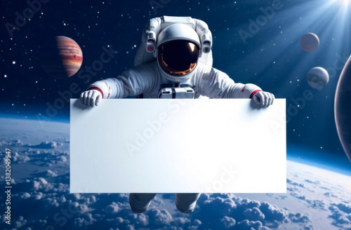 astronaut with white blank banner in space, white banner mockup