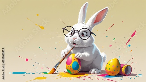 White Rabbit Painting Easter Egg in Art Studio....