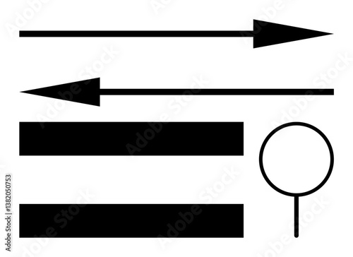 Two opposing arrows, two solid horizontal bars, and a magnifying glass emphasize navigation, direction, search, exploration, discovery, focus and organization. Ideal for guidelines strategy