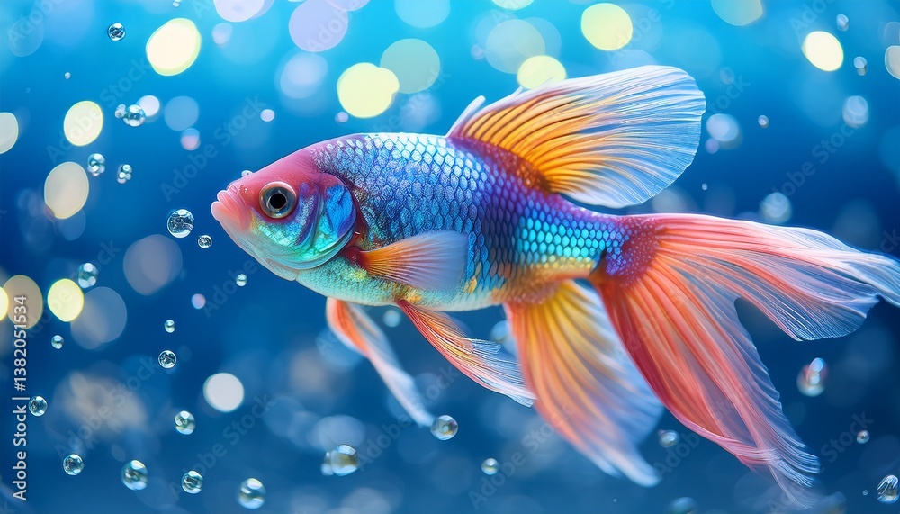 Fototapeta premium Vibrant Colorful Fish Aquatic Bubbles Underwater Scene Paradise