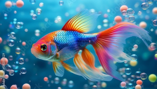 Vibrant Rainbow Goldfish Swims in Aquatic Bubbles