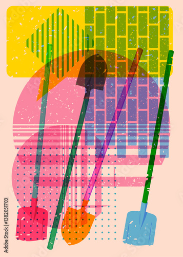 Risograph Spade, Shovel with speech bubble with geometric shapes. Objects in trendy riso graph print texture style design with geometry elements.