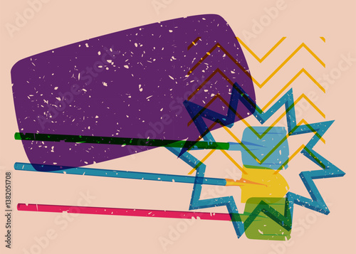 Risograph Spade, Shovel with speech bubble with geometric shapes. Objects in trendy riso graph print texture style design with geometry elements.