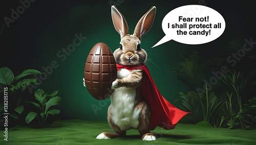 Superhero Bunny Protecting Easter Egg in Lush Forest