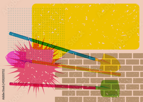 Risograph Spade, Shovel with speech bubble with geometric shapes. Objects in trendy riso graph print texture style design with geometry elements.