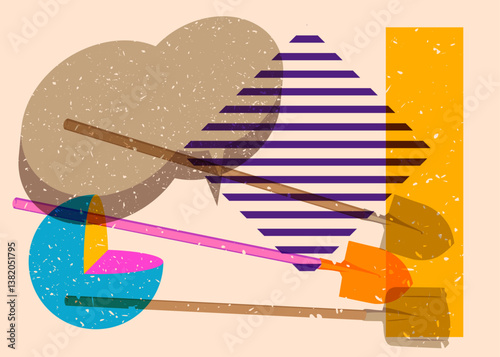 Risograph Spade, Shovel with speech bubble with geometric shapes. Objects in trendy riso graph print texture style design with geometry elements.
