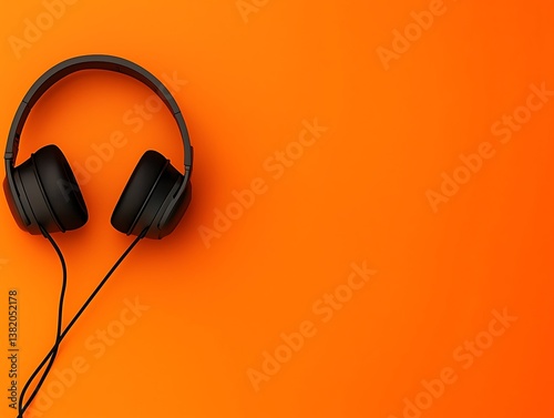 Top-down view headphones and a microphone on a bright orange background, perfect for creative podcast designs