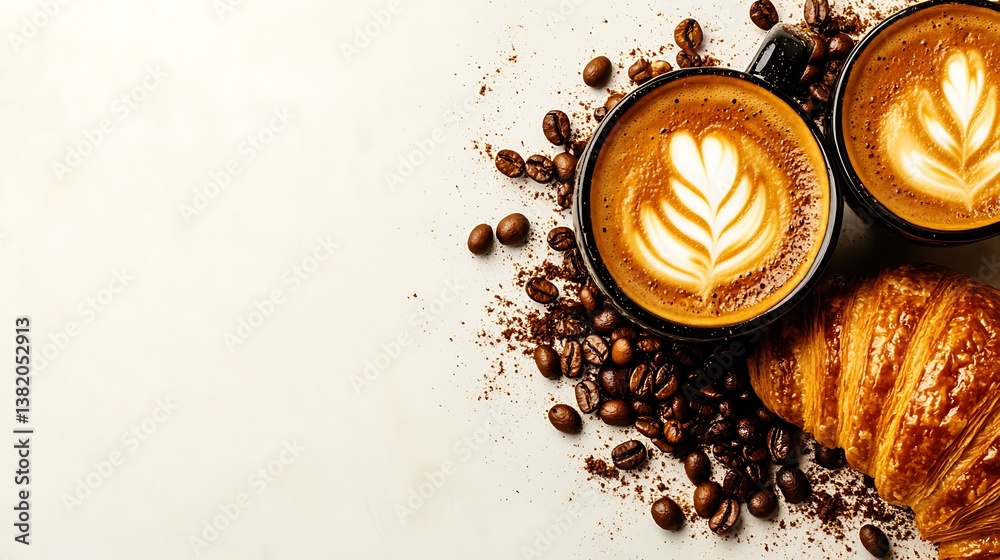Coffee Break Latte Art with Croissant, and Coffee Beans. Coffee Break Latte Art with Croissant, and Coffee Beans.
