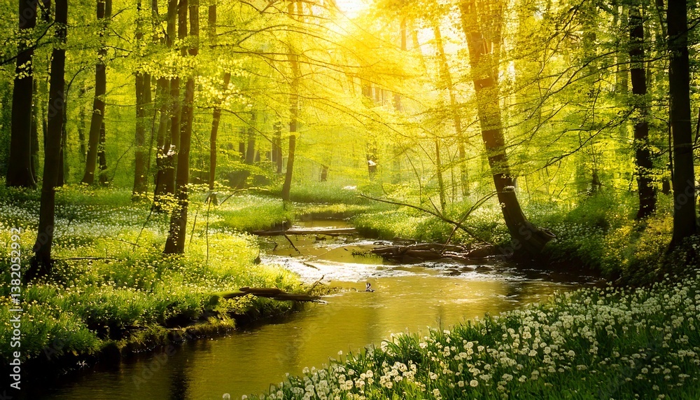 Fototapeta premium Sunlit Spring Forest Stream, Lush Green Trees, Wildflowers