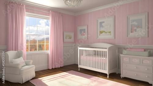 Charming baby girl's nursery with pink walls, white crib, armchair, and changing table.  Sunlight streams through window.