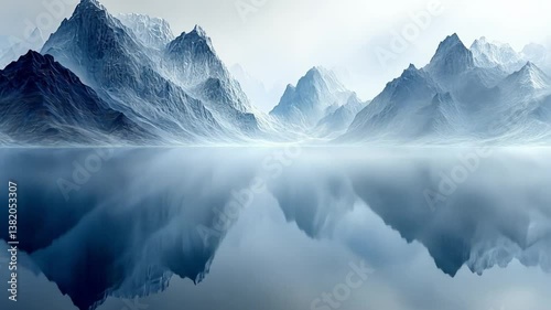 Wallpaper Mural Serene Mountainscape: Majestic snow-capped mountains stand tall, mirrored in the still waters of a pristine lake, shrouded in a soft, ethereal mist creating a scene of tranquility and natural beauty. Torontodigital.ca