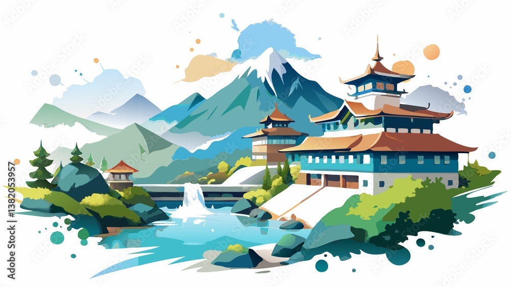 Obraz premium Explore the serene beauty of Tama Onsen, a picturesque hot spring resort town where you can relax in natural onsen, surrounded by stunning mountain scenery.