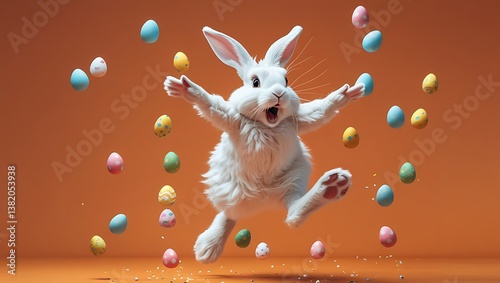 White rabbit joyfully jumping with Easter eggs....
