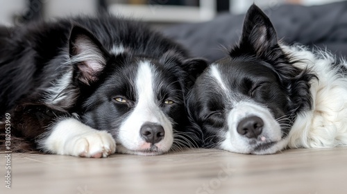 Two adorable border collies sleeping peacefully side by side
