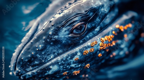 Close-up of whale's eye gazing above ocean water with textured blue background