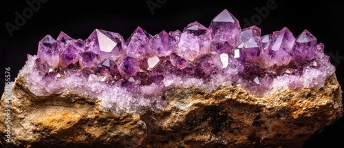 Beautiful amethyst crystals on a rock formation
