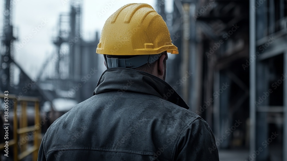 Male worker with yellow hard hat at industrial site on rainy day Male worker with yellow hard hat at industrial site on rainy day