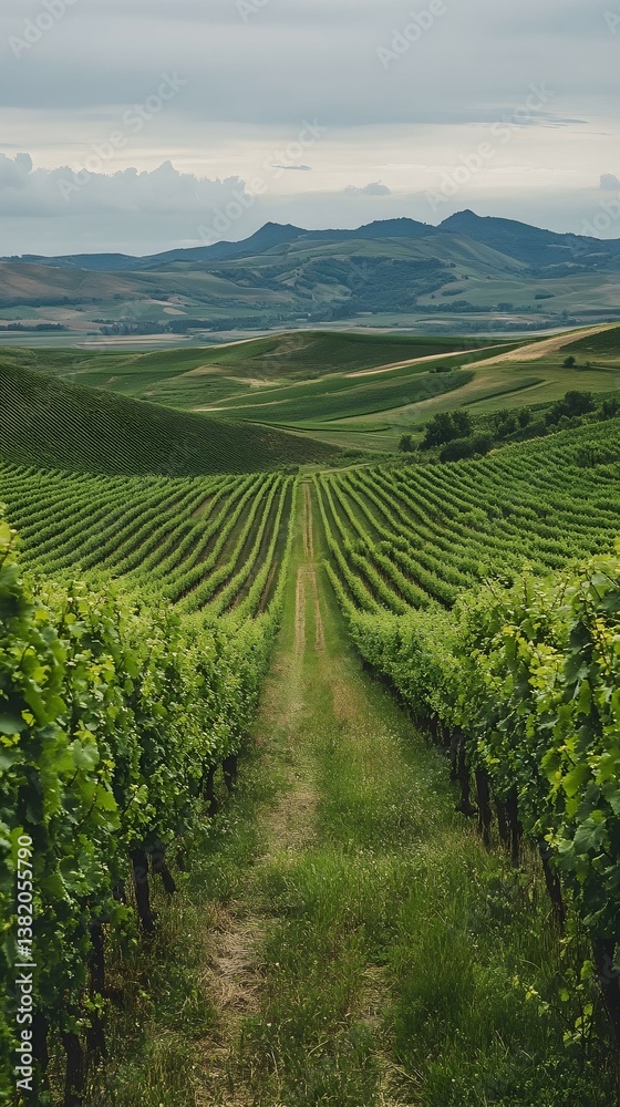 Serene vineyard rows stretching towards distant hills under a cloudy sky. A tranquil landscape perfect for wine country imagery, relaxation, or travel themes. Serene vineyard rows stretching towards distant hills under a cloudy sky. A tranquil landscape perfect for wine country imagery, relaxation, or travel themes.