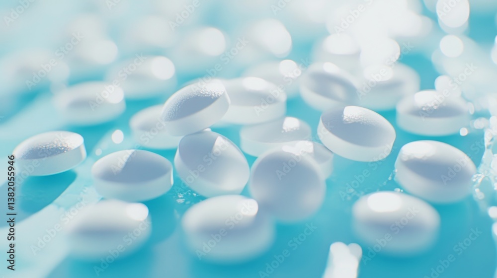 White pills on blue surface in close-up view White pills on blue surface in close-up view