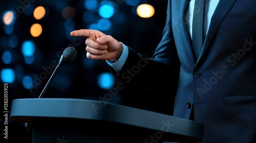 A corporate executive at a podium announcing a major business deal at a press conference. Leader unveils big contract.