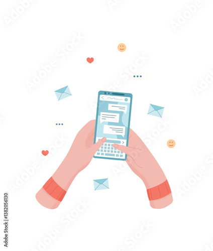 A hand holds a phone featuring a chat application. Another hand grips smartphone displaying digital messaging. Engaging in online conversation, social interaction concept, flat design, promotional