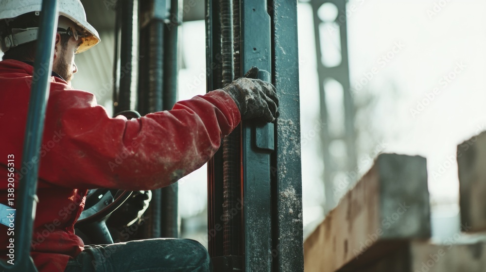 A construction worker operating a forklift to move heavy materials. Featuring coordination and strength A construction worker operating a forklift to move heavy materials. Featuring coordination and strength