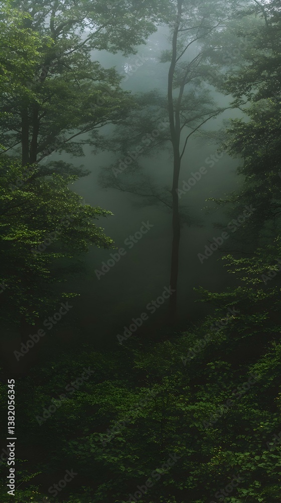 Fototapeta premium Misty Forest Path. A mysterious and serene path winds through a foggy forest, shrouded in an ethereal green light.