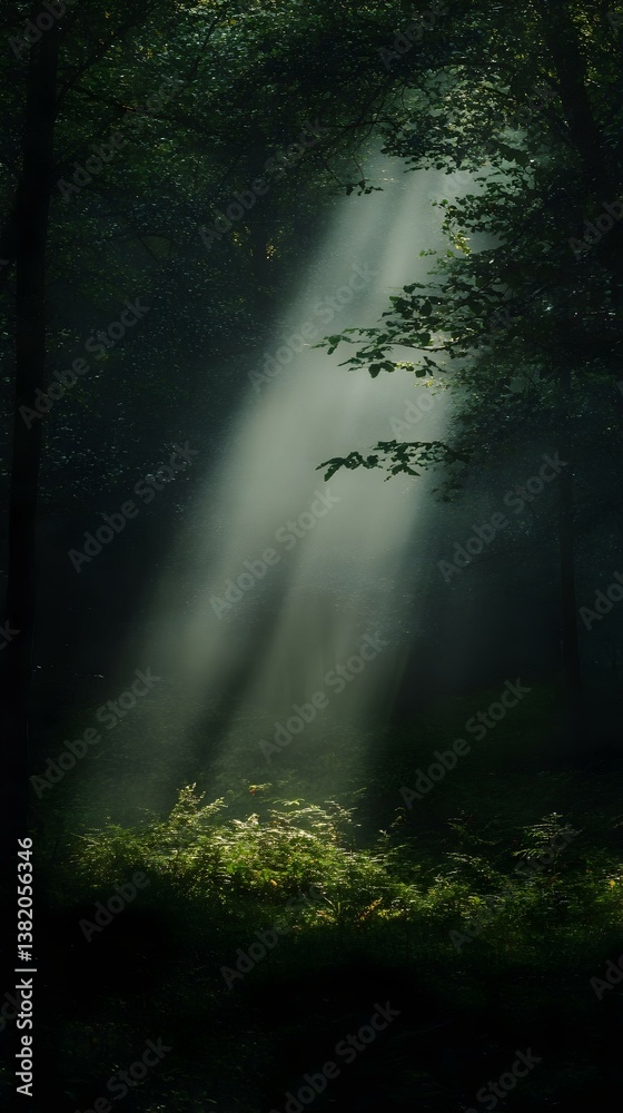 Obraz premium Sunbeams pierce a misty forest, illuminating lush green undergrowth. A magical, ethereal scene.