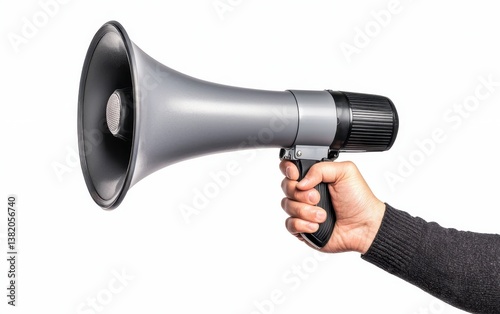 Capture a hand holding a megaphone close up dynamic Composite isolated on a crisp white background to emphasize clarity in communication. Loud voice clear message.