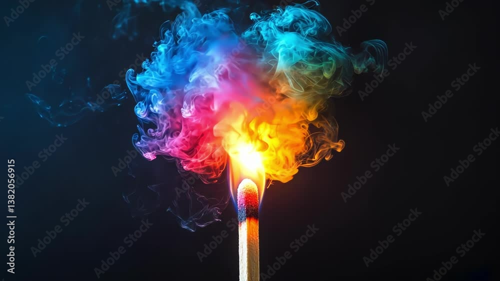 Colorful smoke curls above a lit match against a dark background.