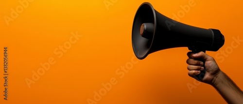 Display a hand tightly holding a megaphone selective focus vibrant Silhouette on an orange background to portray urgency and importance. Urgent message shadow hand bold color.