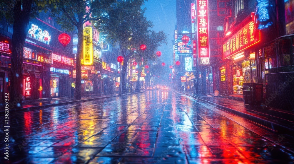 Obraz premium Rainy Night in China: Neon Lights Reflecting on Wet Streets