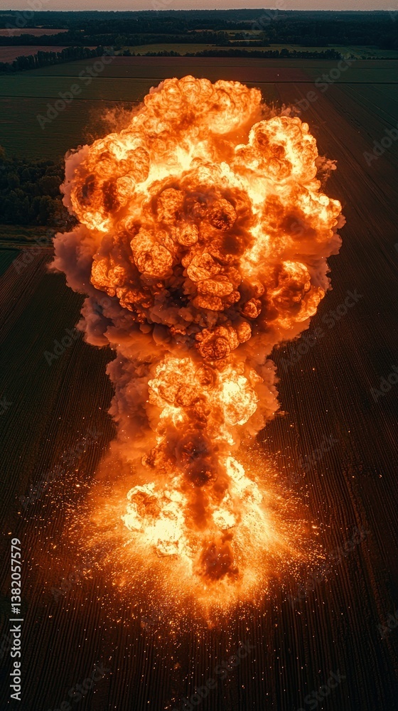 Fiery explosion amidst fields creates a towering mushroom cloud formation Fiery explosion amidst fields creates a towering mushroom cloud formation