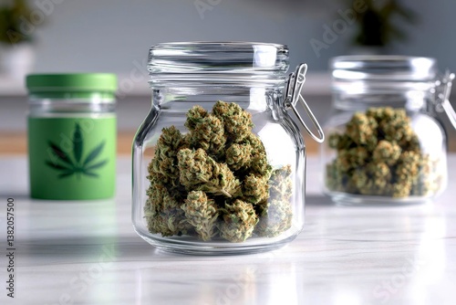 Reusable glass jars filled with marijuana strains eco friendly packaging on display sustainable cannabis dispensary concept. Green shop earth kind cannabis.