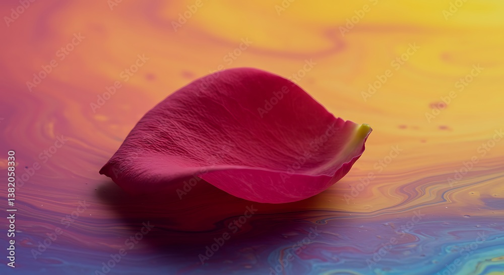 Fototapeta premium Crimson Petal On Liquid Canvas A Rose Petal's Dreamy Descent Fluid Hues Embrace Delicate Bloom Vibrant Swirl And Solitary Petal Ephemeral Beauty In Color Harmony Sunset Reflection On A Single Petal