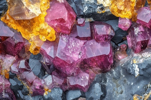 Colorful crystals shine in natural rock formation