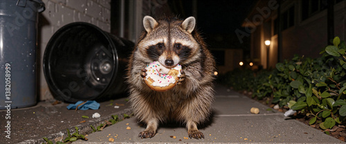 Nocturnal Raccoon Enjoying Sweet Treat Outdoors at Night