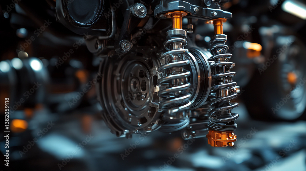 Fototapeta premium Close up view of a complex mechanical system with springs and metal components in a dark setting