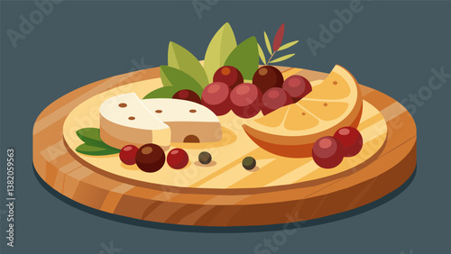 A blend of savory and sweet with tangy cranberries and smooth gorgonzola cheese arranged on a rustic wooden platter ideal for a cozy fall evening.. Vector illustration