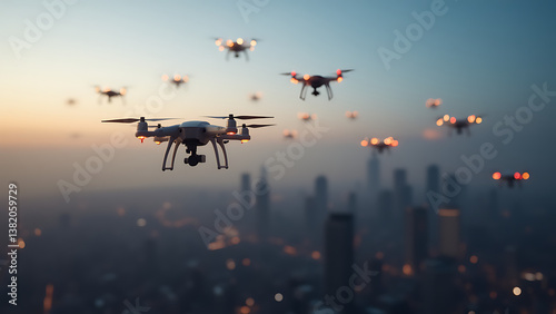 Autonomous Drone Swarm Flying Over City Skyline
