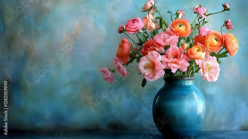 Elegant Blue Vase with Vibrant Pink and Orange Flowers for Design Inspiration