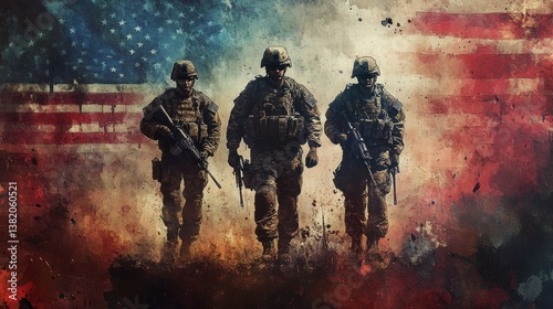 Three male soldiers with flags in background - military theme