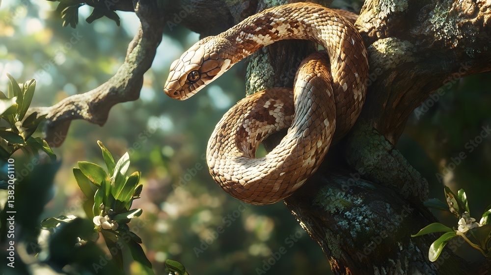 Close-up of Snake Coiled Around Tree Branch: Serpentine Elegance Captured in Detailed Shot Close-up of Snake Coiled Around Tree Branch: Serpentine Elegance Captured in Detailed Shot