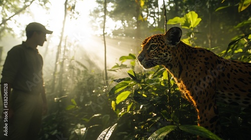 Jaguar stalks through the rainforest with naturalist explorer watching closely