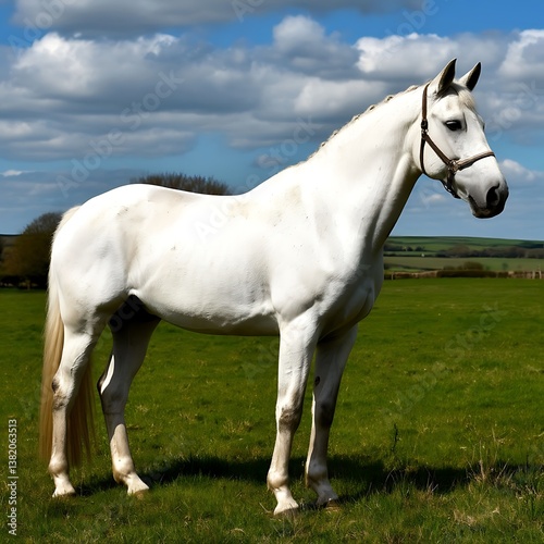 A graceful white horse stands in a sunlit field, the sky filled with fluffy clouds. Its elegant form and proud pose show the beauty of the animal.