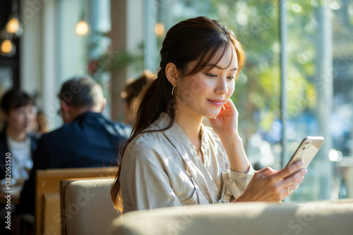 カフェでスマホを操作する女性　Generative AI	
